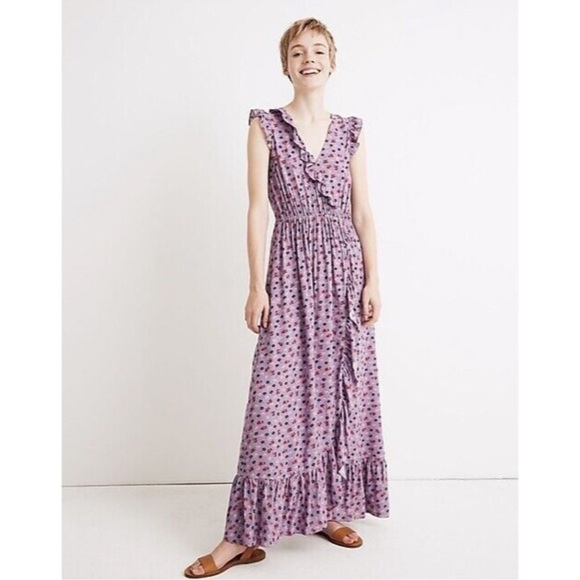 Madewell Ruffle Edge Wrap Floral Prairie Posies Purple Maxi Dress Size 2 - Picture 1 of 12